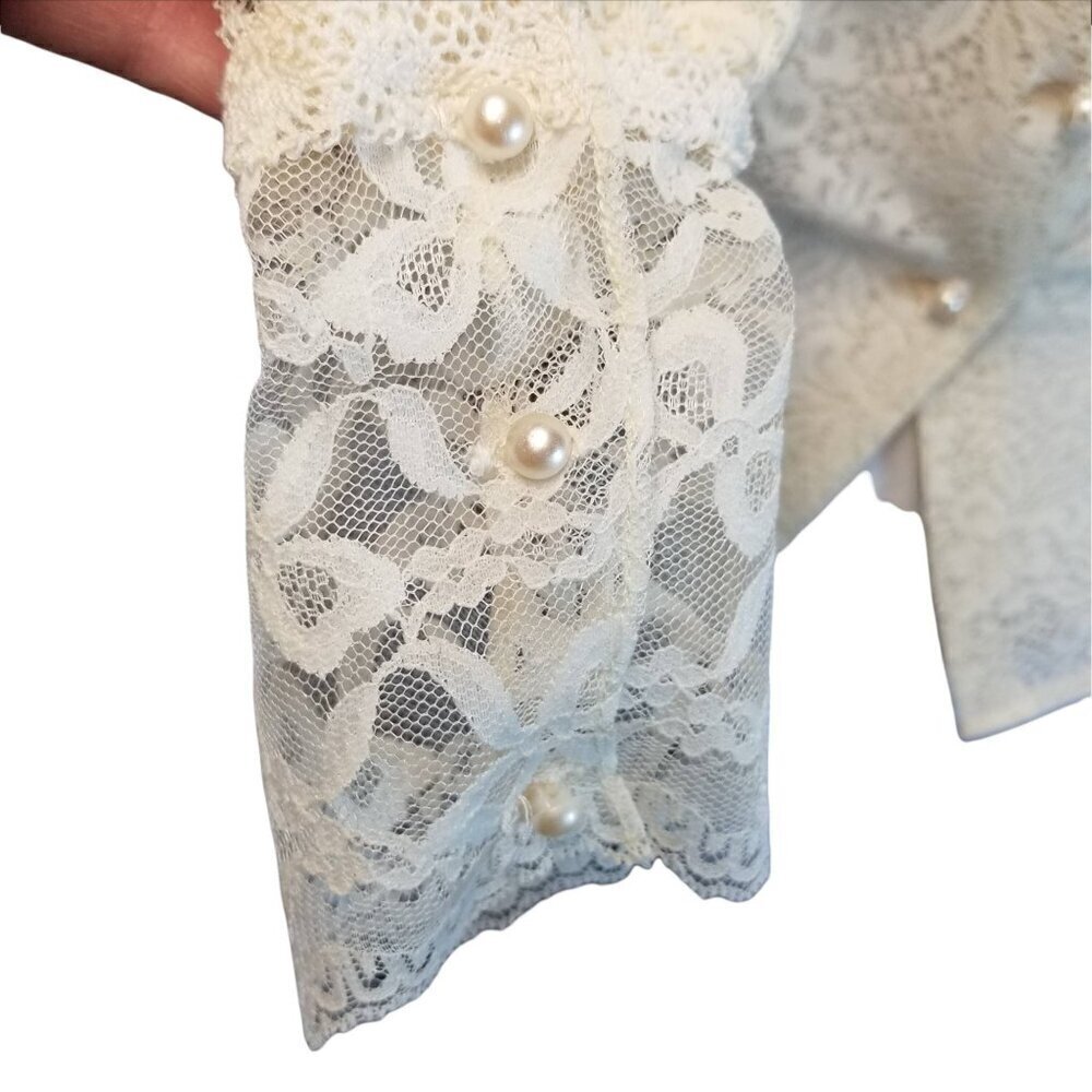 Vtg 70s does victorian ivory lace sheer ruffle puffy sleeve button back blouse - Picture 6 of 12
